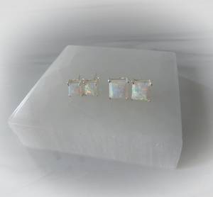 Boucles d'oreilles en opale blanche, argent sterling, opale carrée scintillante, bijoux pierre de naissance d'octobre, cadeau élégant pour elle - Product Image 4