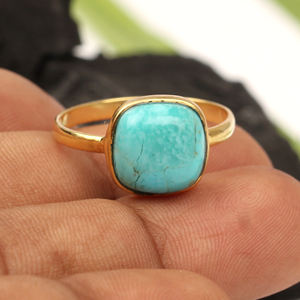 Bague Arizona Turquoise Gemstone 10x10mm Coussin 18K Micron Plaqué Or 925 Sterling Silver Bezel Setting Christian Wedding Party - Product Image 3