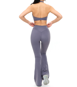 Pantalon de yoga évasé taille mi-haute, couleur unie simple, en polyester/nylon extensible dans les quatre sens, longueur intégrale, pour femme, tenue de fitness - Product Image 4