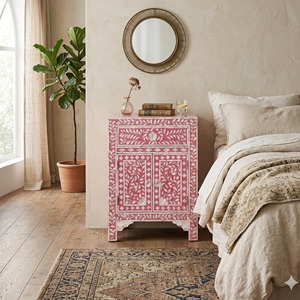 Table de chevet moderne en nacre et à motif floral rose, meuble de salon avec trois tiroirs - Product Image 1
