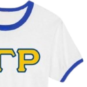 Camiseta de Manga Corta con Letras Sigma Gamma Rho, Color Blanco con Ribete Azul, para Mujer, Hermandad Griega, Cuello Redondo, Personalizada, Casual, Universitaria - Product Image 6