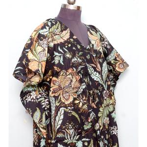 Caftán Maxi Floral de Algodón Indio Ecológico, Vestido Casual de Playa, Ropa de Dormir con Plumas y Cintura Natural - Product Image 5