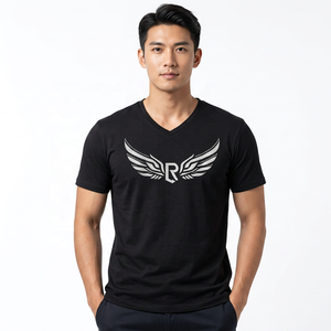 T-shirt à manches courtes pour homme, col en V, noir, avec logo argenté imprimé, style décontracté, coupe classique, jersey en coton - Product Image 2