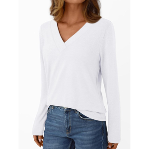 Camiseta de Manga Larga con Cuello en V para Mujer, Color Sólido, Corte Holgado, 100% Algodón, Tejido Jersey Informal, Transpirable, para Todas las Temporadas - Product Image 4