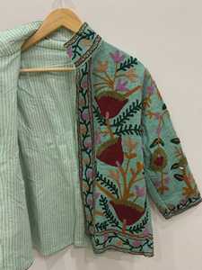 Embroidered Floral Woven <b>Quilted</b> Stand Collar Suzani Open Front Autumn <b>Winter</b> Bomber Jacket 100% Cotton Canvas Waterproof - Product Image 4