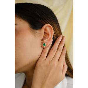 18K Solid Gold Oval Cut <b>Emerald</b> & Diamond Halo <b>Stud</b> <b>Earrings</b> - Product Image 6