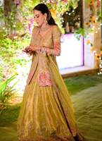 Magnifique tenue pakistanaise Mehndi en organza de tulle brodé 100 % soie, avec décolleté cœur perlé, longueur cheville et silhouette Empire
