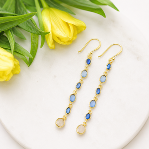 Boucles d'oreilles pendantes longues en kyanite bleue et pierre de lune, serties clos, en argent sterling plaqué or 18 carats, délicates, tendance, pour femme, cadeau de mariage - Product Image 2