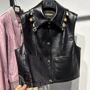 Chaleco de Cuero Genuino de Piel de Oveja 2026 para Mujer, Chaleco de Motocicleta de Cuero Brillante con Cristales, Chaleco de Cuero de Lujo - Product Image 2