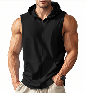 Zipper-Up <b>Sleeveless</b> Winter Outdoor Sports <b>Hoodie</b>-100% Cotton Plain Dyed - Product Image 2