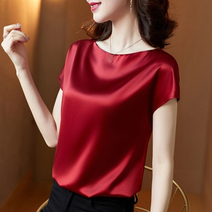 Camiseta de Mujer de Seda Satén Roja con Manga Casquillo y Cuello Redondo, Elegante, Color Sólido, Manga Corta, Corte Regular, Antiarrugas, para Primavera/Verano - Product Image 1