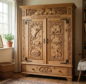 Armoire rustique en bois brun chaud avec des motifs de chats en relief, disponible à prix de gros. - Product Image 5