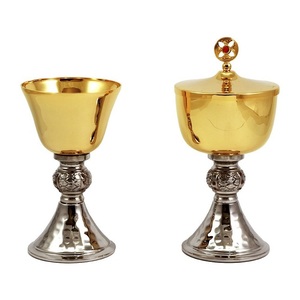 Glitter Golden Holy Communion Chalice and Ciborium Set with Cross Emblem Handmade Metal Church Ceremony <b>Tools</b> Classic Design - Product Image 2