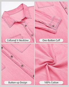 Camisa de algodón rosa para mujer, con botones, manga tres cuartos, color sólido, cuello vuelto, con bolsillos, corte regular, top de verano - Product Image 4