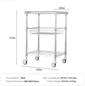3-Tier Chrome <b>Wire</b> Shelving Utility Cart with Solid Stainless Steel Top Mobile Rolling Cart for Kitchen Office Warehouse - Product Image 6