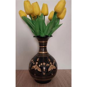 Vase à fleurs en métal émaillé artisanal, laiton antique doré rayé, vase décoratif de table, vase à bourgeons de luxe, décoration indienne pour la maison et les mariages - Product Image 1