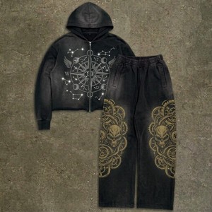 Ensemble de survêtements streetwear personnalisés pour hommes et garçons, comprenant un sweat à capuche ample et un pantalon empilé, effet délavé à l'acide, imprimé DTG, coupe courte et évasée - Product Image 6