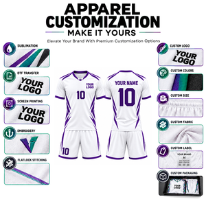 Maillot de football personnalisé blanc et violet à col en V, manches courtes, impression par sublimation, respirant, unisexe, uniforme d'équipe adulte - Product Image 3