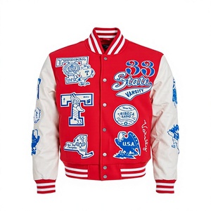 Red Men's Varsity <b>Jacket</b> with Patchwork Design and Applique Embroidery Preppy Style Turn-down Collar Regular Fit - Product Image 1