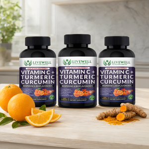 Livewell Vitamina C, Cúrcuma, Curcumina y Bioperina, 180 Tabletas, Paquete Triple, Apoyo Inmunológico - Product Image 3