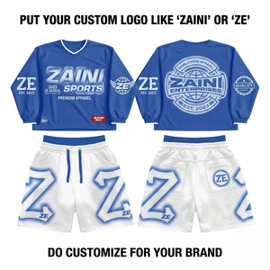 Conjunto Deportivo de Sudadera y Pantalones Cortos, Premium, 340 Gramos, Mezcla de Algodón, Transpirable, Color Azul y Blanco, Logotipo Personalizado, Impresión Digital - Product Image 1