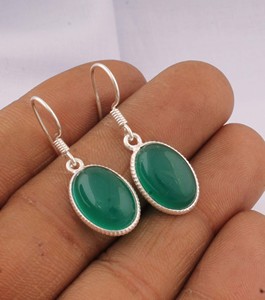 925 <b>Sterling</b> <b>Silver</b> Vintage Oval Green Onyx Drop Earrings Smooth Cabochon Gemstone <b>Wire</b> Dangle Earrings for Women Engagement - Product Image 1