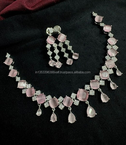 Classic American Ethnic Diamond Brass Bridal <b>Set</b> Two-Piece <b>Necklace</b> Earrings Antique <b>Silver</b> Plated for Wedding Party Fashionable - Product Image 1