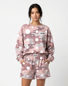 Wholesale New Style Heavy <b>Weight</b> High Quality Oversize Custom Pullover Sweatshirt And Matching Short <b>Set</b> <b>Woman</b> - Product Image 2