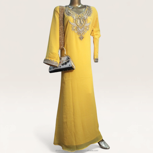 Yellow Luxury Embroidered Kaftan <b>Dress</b> with <b>Silver</b> Ornate Neckline for Women Wedding Party Wear - Product Image 1
