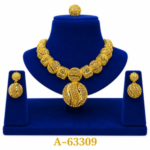 ชุดเครื่องประดับดอกไม้ชุบทอง 24K คลาสสิก สร้อยคอ ต่างหู สำหรับผู้หญิง งานแต่งงาน โลหะผสม A-63305 - Product Image 5