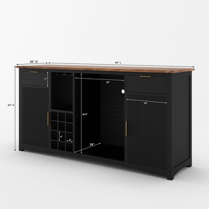 Meuble bar noir moderne avec rangement pour vin et refroidisseur intégré, dessus en bois, poignées en laiton, organisateur de boissons autoportant - Product Image 5
