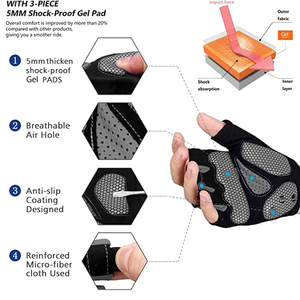 Gants de cyclisme pour hommes et femmes avec coussinet en gel absorbant les chocs de 5 mm, antidérapants, demi-doigts, pour VTT et vélo - Product Image 2