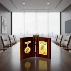 Plaque de trophée en bois style livre avec médaille pour la reconnaissance des meilleurs performants et la récompense des réalisations d'entreprise - Product Image 1