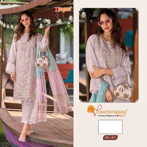 Elegante conjunto de 3 piezas Eid Shalwar Kameez () Top bordado de organza y Dupatta con fondo de viscosa para fiestas - Product Image 2
