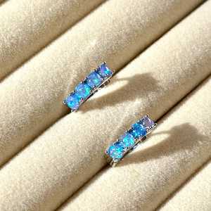 Blue Opal Hoop Earrings 925 Sterling <b>Silver</b> <b>Huggie</b> Earrings October Birthstone Jewelry Gift For Her Dainty Style - Product Image 1