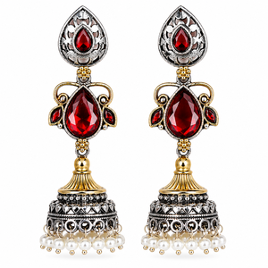<b>Oxidized</b> Dual Tone Antique Silver Gold Plated Brass Indian Bohemia Bell Drop Jhumka Earrings for Wedding Bulk Wholesale Supplier - Product Image 1