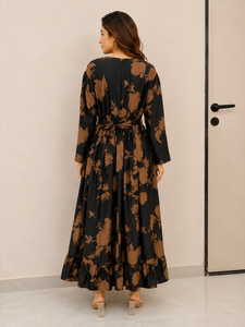 Vestido Western de Mujer con Estampado Floral, Color Marrón, Manga Larga, Escote Corazón, Cinturón con Lazo, Dobladillo con Volantes, Ropa Casual para Fiesta - Product Image 4