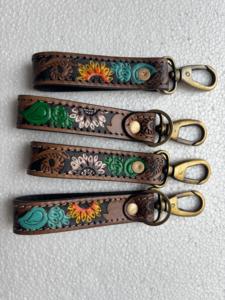 Handmade Classic Eco-Friendly Hand <b>Tool</b> Embossed Leather Keychain with Floral Carved Design Genuine Leather Antique Brass <b>Hook</b> - Product Image 2