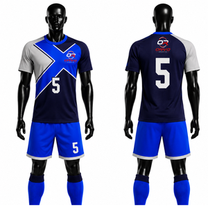 Ensemble de maillot de football ORVO pour homme, grande taille, été, bleu gris uni, sublimé, manches courtes, respirant, anti-humidité, col en V - Product Image 2
