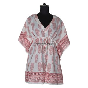 100% Cotton Women Sleepwear Hand Block Printed Kaftan Dress KFCS129 Light Weight Women Casual Occasion Wear Short Caftan Dresses - Product Image 6