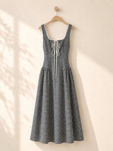 Women's Black <b>White</b> Gingham <b>Dress</b> Sleeveless Square Neck Lace Up High Waist A-Line Casual <b>Summer</b> <b>Maxi</b> <b>Dress</b> CAROLINE - Product Image 6