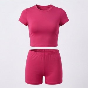 Women's 2 Piece Sporty Set Short Sleeve <b>Crop</b> <b>Top</b> and Above Knee Shorts Solid <b>Pink</b> Knitted Breathable Activewear - Product Image 1