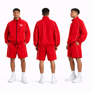 Wholesale Red Nylon Track Set <b>Men</b> Zip <b>Jacket</b> Shorts White Piping Streetwear Y2K OEM Supplier USA Bulk <b>Summer</b> Sports Wear <b>Jackets</b> - Product Image 5