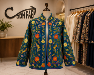 Women's Winter Blue Floral Embroidered Quilted Velvet Jacket 100% Cotton <b>Covered</b> <b>Button</b> Closure Eco-Friendly Windproof Festival - Product Image 2