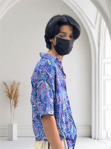Chemise décontractée pour homme à manches courtes, imprimé paisley bleu, col rabattu, 100% coton, respirante, tissée en popeline, pour l'été - Product Image 2