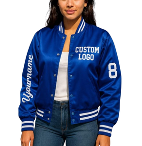 Blouson universitaire en satin bleu pour femme, col côtelé, fermeture boutonnée, couleur unie, logo sur la manche, style décontracté, coupe courte 2026 - Product Image 5