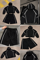 Ensemble de survêtement réfléchissant tissé personnalisé pour homme, style hip-hop, veste coupe-vent noire et short, streetwear à capuche, vêtements de sport, vente en gros
