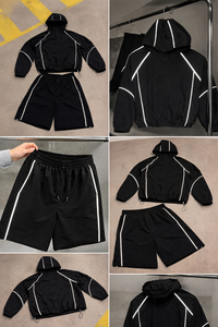 Custom Men Summer Woven <b>Hip</b> Hop Reflective Tracksuit Black Windbreaker Jacket Shorts Set Hooded Streetwear Sportswear Wholesale - Product Image 2