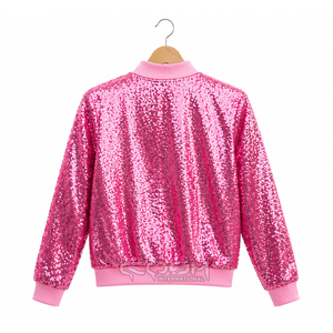 Cosh International Women <b>Sequin</b> Varsity <b>Jacket</b> Pink Glitter Bomber <b>Jacket</b> Long Sleeve Zipper Outerwear Greek Apparel - Product Image 3