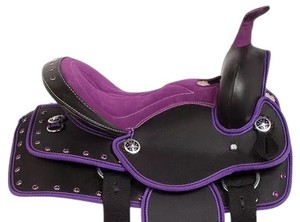 Selle Western Personnalisable de Haute Qualité pour l'Équitation, en Cuir Véritable Violet et Noir, avec Quincaillerie Nickelée et Arceau en Bois - Product Image 2